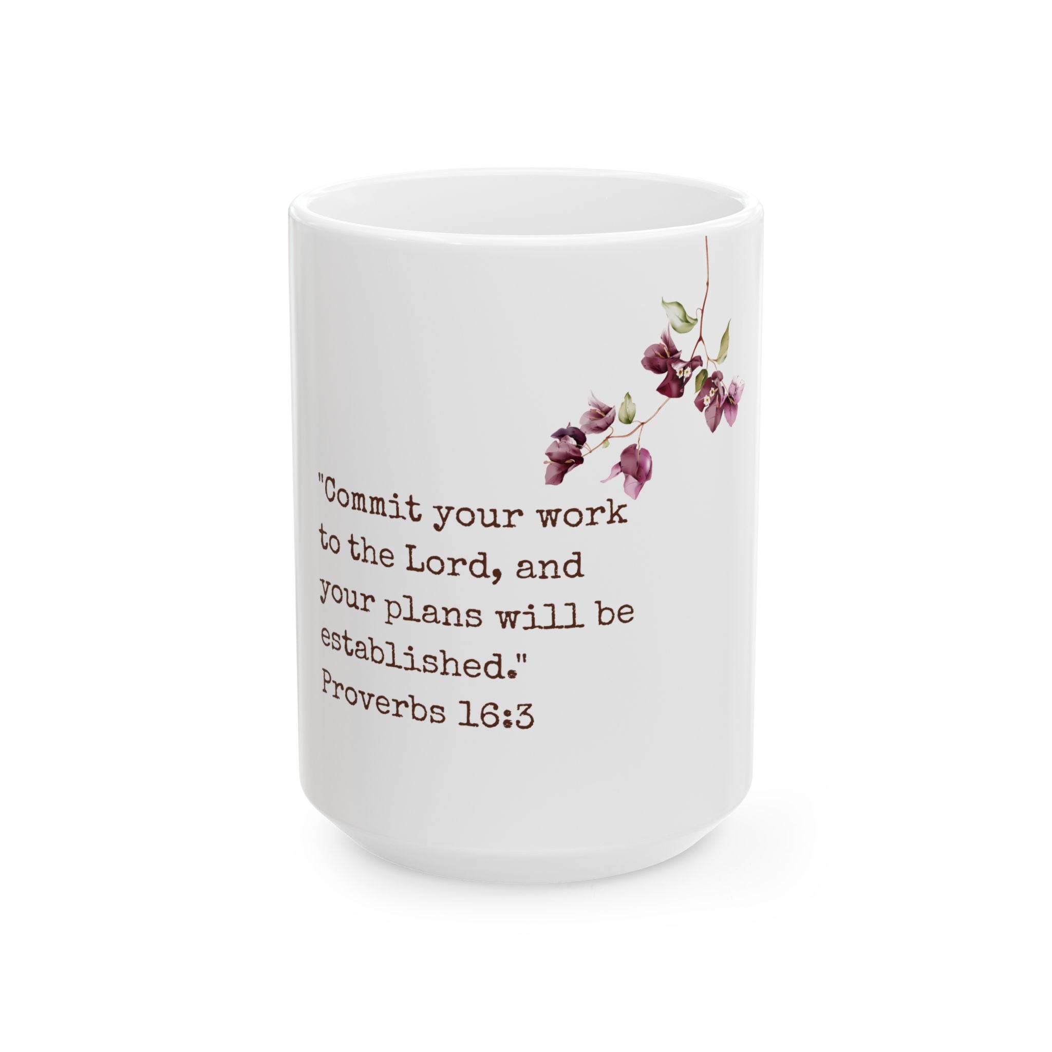 Proverbs 16:3 Floral Ceramic Mug — "Commit your work to the Lord" Inspirational Scripture Coffee Cup