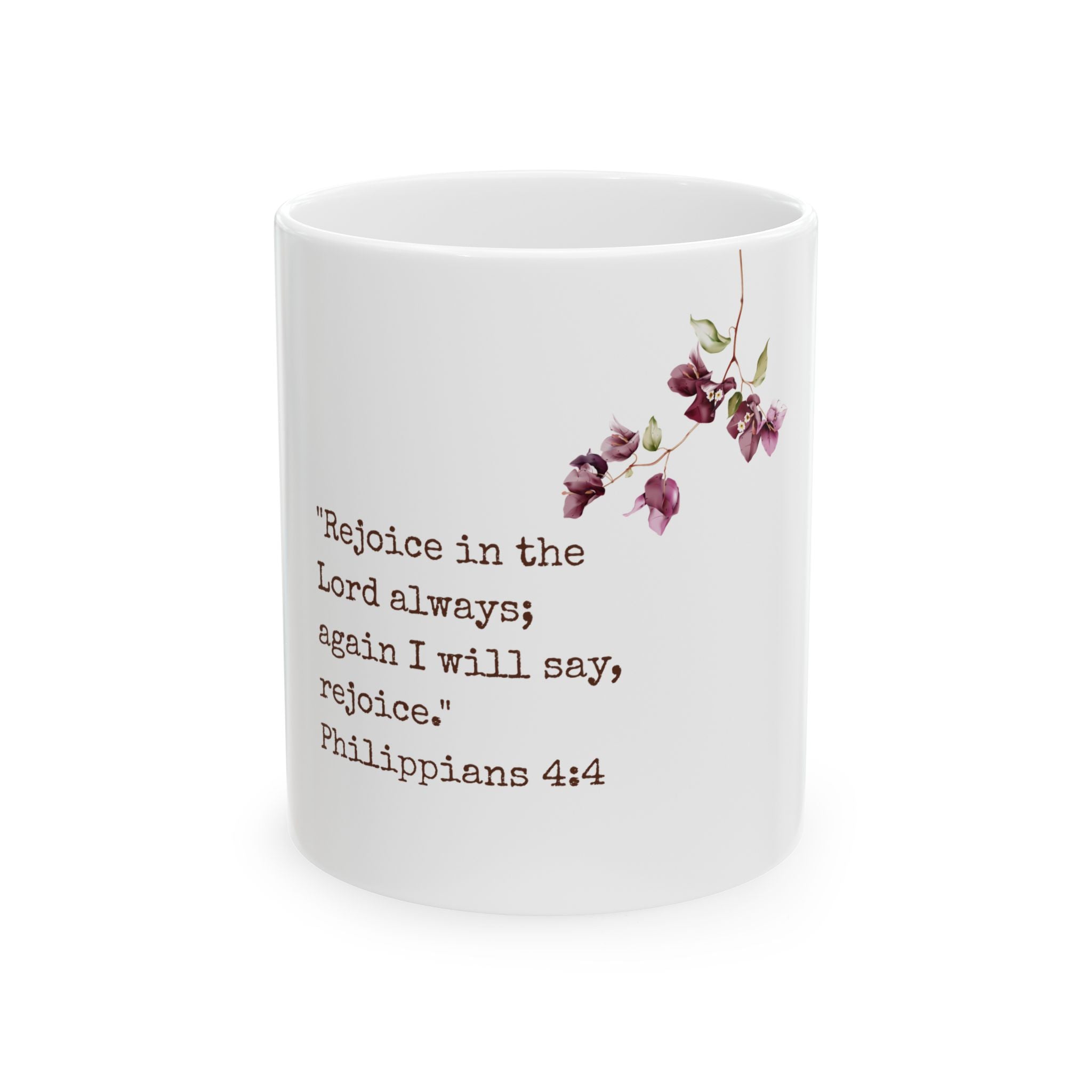 Rejoice in the Lord Floral Bible Verse Mug — Philippians 4:4 Christian Coffee Cup (11oz/15oz)