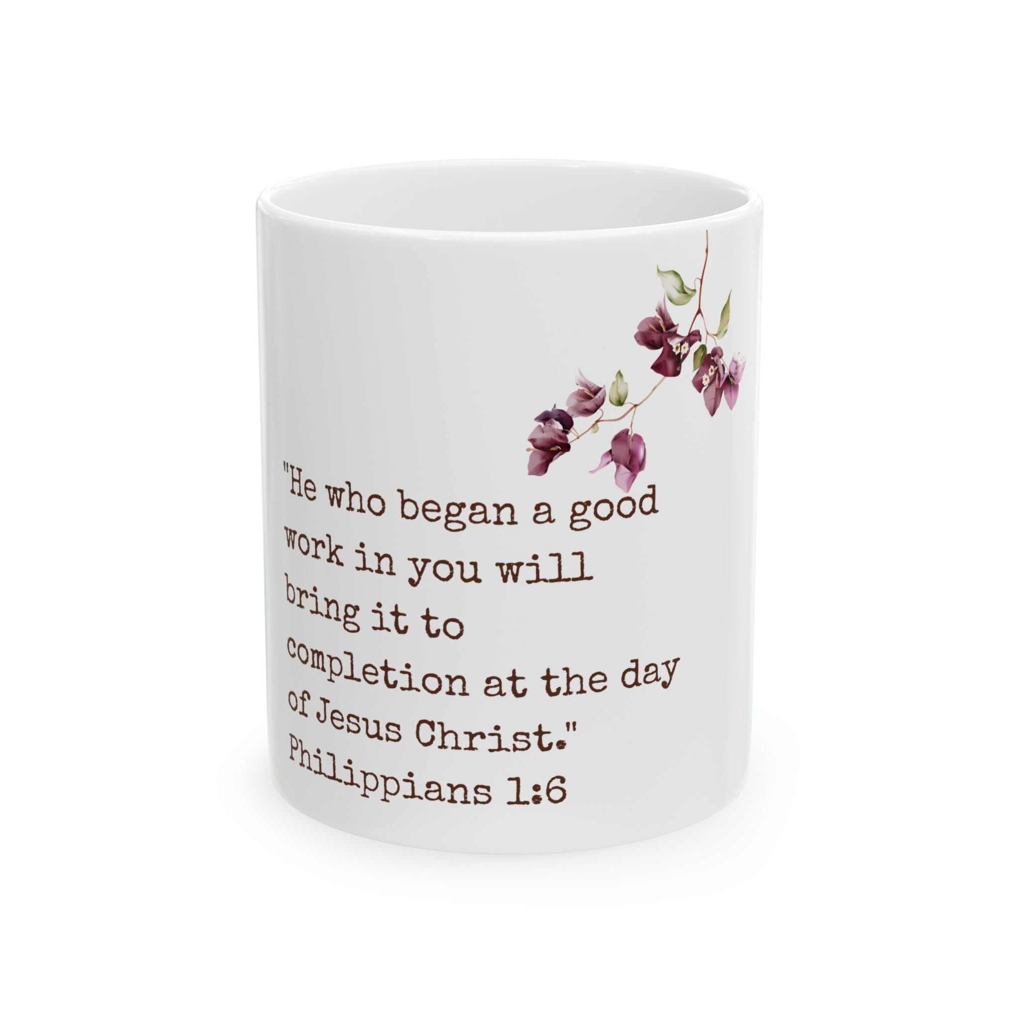 Philippians 1:6 Floral Ceramic Mug — Inspirational Bible Verse Coffee Cup (11oz, 15oz)